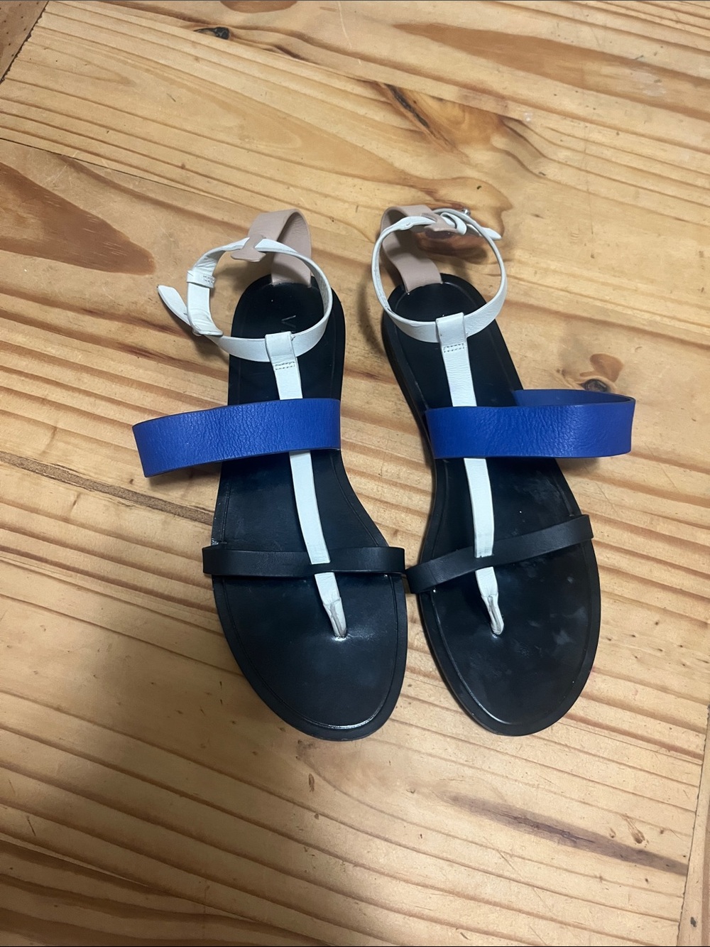 Vince Black, Blue and White T-Strap Women's Sandals - Picture 2 of 8